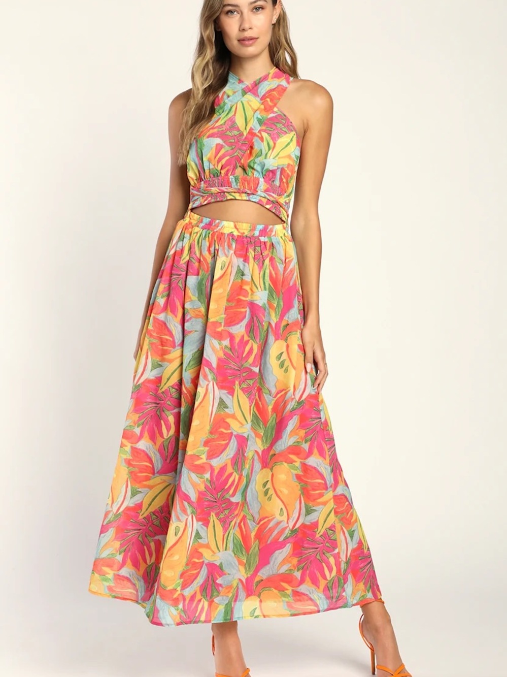 NWT Lulus Pink & Orange Tropical Breezes Halter Maxi Dress Medium
